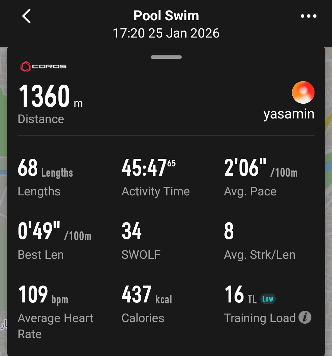 swim data recorded on Yasamin Farjadian watch